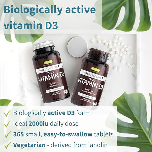 Pure & Essential Daily Vegetarian Vitamin D3 2000iu, 2000iu, Cholecalciferol, 365 Small 1-A-Day 1-Year 1-Year Supply,