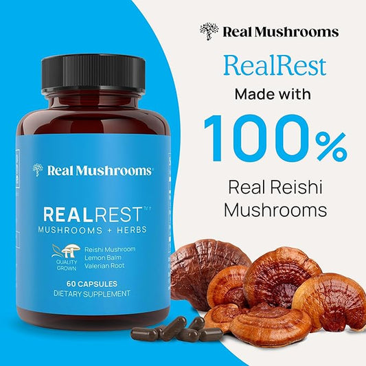 Real Mushrooms RealRest (60ct) Reishi Mushroom Capsules for Relaxation - Organic Reishi Mushrooms with Lemon Balm Herb - Sleep Support Supplement Mushroom Complex for Rest & Immune Support