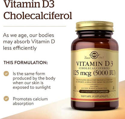 Solgar Vitamin D3 (Cholecalciferol) 125 Mcg (5000 IU), 120 Vegetable 120 Servings
