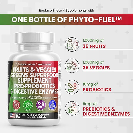 Clean Nutraceuticals Fruits and Veggies Supplement Reds & Green Superfood - Balance of Over 70 Fruit & Vegetable Supplements Capsules with Probiotics Prebiotics Digestive Enzymes - 120 Ct USA
