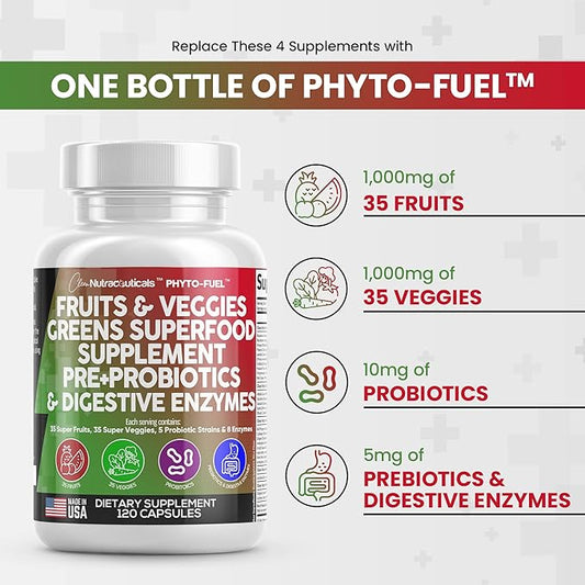 Clean Nutraceuticals Fruits and Veggies Supplement Reds & Green Superfood - Balance of Over 70 Fruit & Vegetable Supplements Capsules with Probiotics Prebiotics Digestive Enzymes - 120 Ct USA