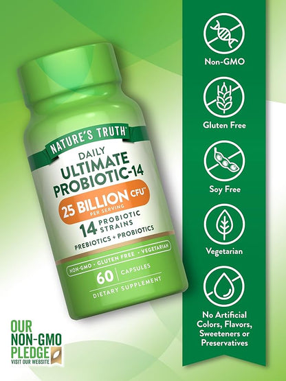 Nature's Truth Probiotics for Men and Women | 25 Billion CFU | 60 Capsules | 14 Strains | Non-GMO & Gluten Free Digestive Health Supplement