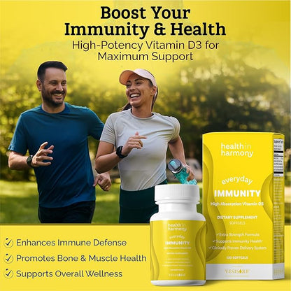 Everyday Immunity 4000 iu Vitamin D3 Supplement - Fast Acting Immune Support Supplement for Bone/Cellular Health - Non GMO, Dietary Supplements - Utilizes Vesisorb® (60 softgels)