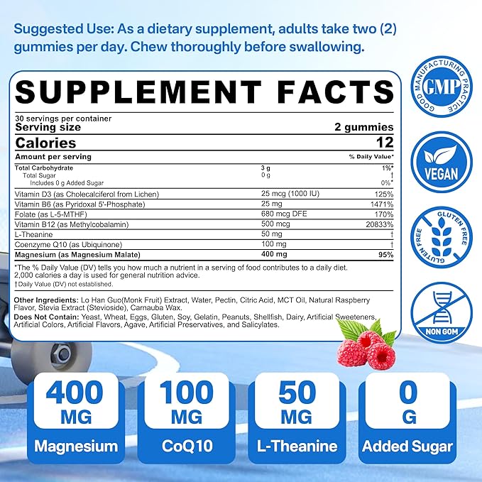 Magnesium Gummies 400mg, Superior Alternative to CoQ10-100mg, Vitamin D3, Active B6, Folate 5-MTHF plus B12, Sugar Free,2Pack