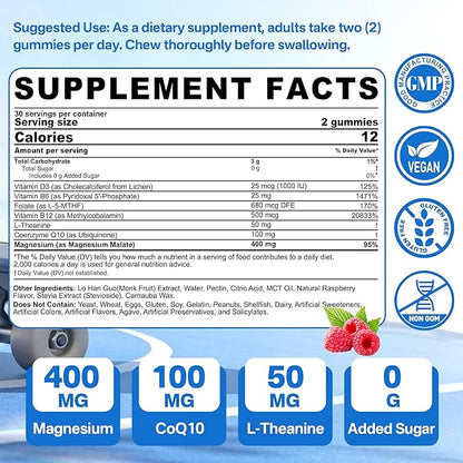 Magnesium Gummies 400mg, Superior Alternative to CoQ10-100mg, Vitamin D3, Active B6, Folate 5-MTHF plus B12, Sugar Free,2Pack