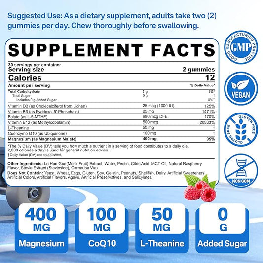 Magnesium Gummies 400mg, Superior Alternative to CoQ10-100mg, Vitamin D3, Active B6, Folate 5-MTHF plus B12, Sugar Free,2Pack