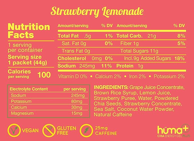 Huma Plus (Double Electrolytes) - Chia Energy Gel, Strawberry Lemonade, 24 Gels, 25mg Caffeine - Stomach Friendly, Real Food Energy Gels