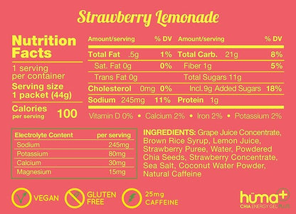 Huma Plus (Double Electrolytes) - Chia Energy Gel, Strawberry Lemonade, 24 Gels, 25mg Caffeine - Stomach Friendly, Real Food Energy Gels