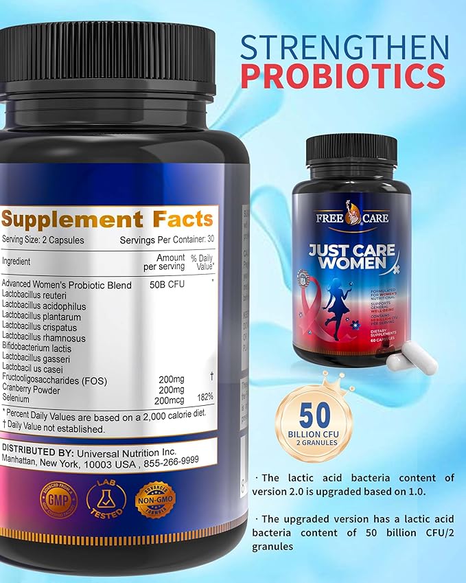 Womens Probiotic 50 Billion CFU 8 Strains, for Women’s Daily Digestive & Feminine Health, with Cranberry Extract, Acidophilus, Organic Prebiotics & Selenium, Gluten & Dairy Free, 60Capsules