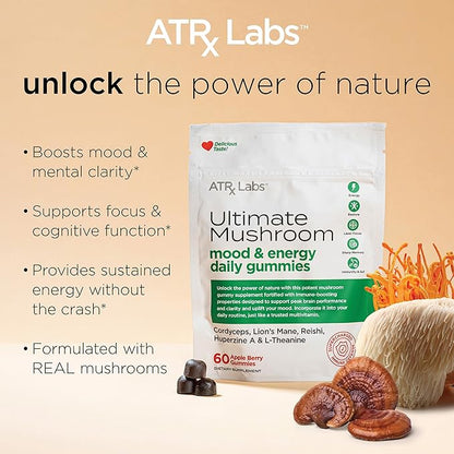 Ultimate Mushroom Daily Gummies - Mushroom Gummies with Cordyceps, Lion’s Mane, and Reishi, Plus Huperzine A & L-Theanine, May Improve Mood and Energy, Apple Berry Flavor, 60 Gummies