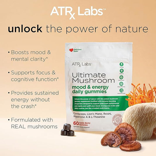 Ultimate Mushroom Daily Gummies - Mushroom Gummies with Cordyceps, Lion’s Mane, and Reishi, Plus Huperzine A & L-Theanine, May Improve Mood and Energy, Apple Berry Flavor, 60 Gummies