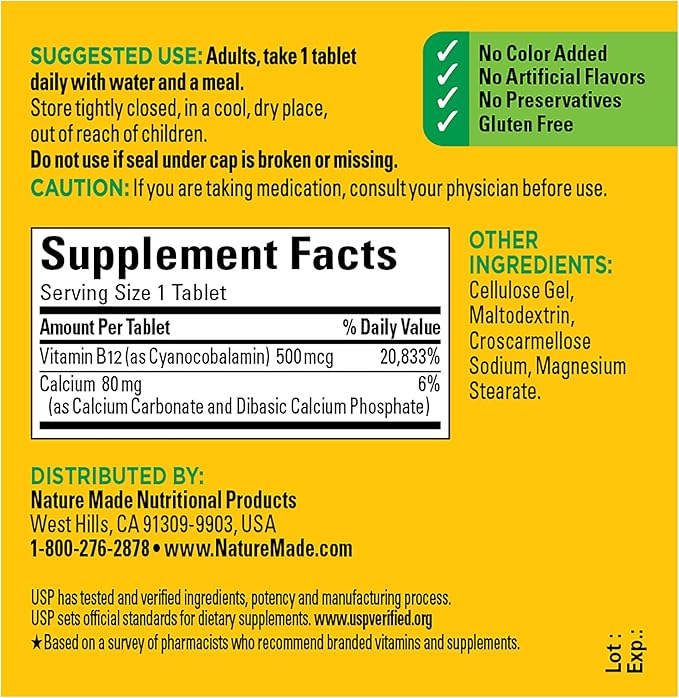 Nature Made Vitamin B12 500 mcg, 100 Tablets, 100 Day
