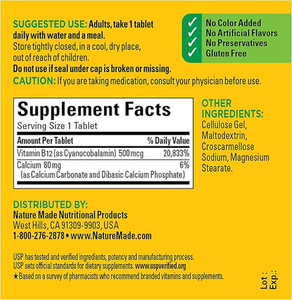 Nature Made Vitamin B12 500 mcg, 100 Tablets, 100 Day