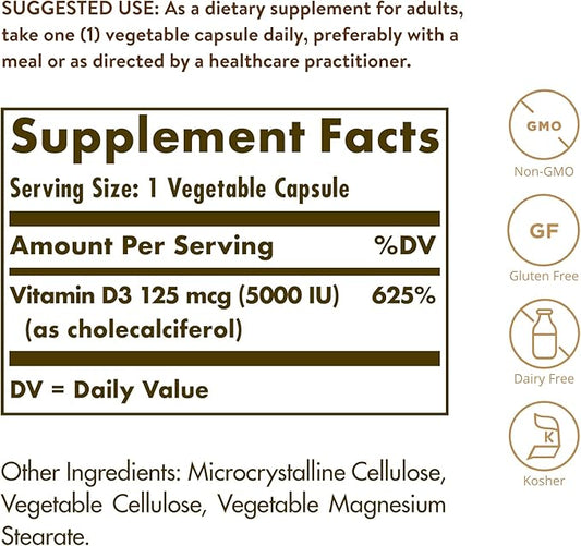 Solgar Vitamin D3 (Cholecalciferol) 125 mcg (5000 IU), 240 Vegetable 240 Servings