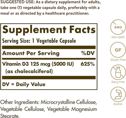 Solgar Vitamin D3 (Cholecalciferol) 125 Mcg (5000 IU), 120 Vegetable 120 Servings