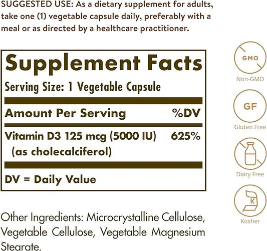 Solgar Vitamin D3 (Cholecalciferol) 125 Mcg (5000 IU), 120 Vegetable 120 Servings
