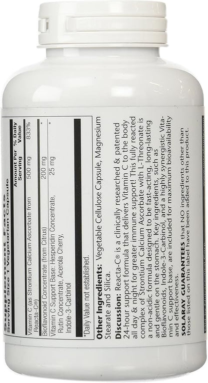 SOLARAY Reacta-C with Vitamin C 500mg 200mg Bioflavonoid 24 Hour 180 Capsules, 180 Servings