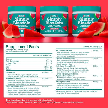 Simply Blossom Nutrition Daily Greens & Superfood Powder + Collagen + Probiotics for Women's Digestive Health & Bloating Relief. Help Your Health Bloom - 3 Month Supply - Watermelon