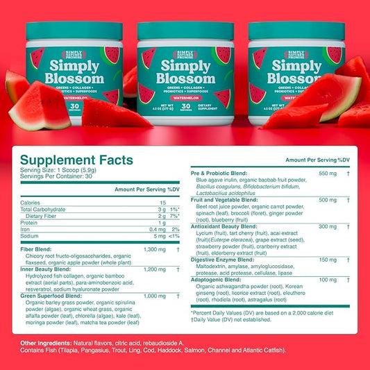 Simply Blossom Nutrition Daily Greens & Superfood Powder + Collagen + Probiotics for Women's Digestive Health & Bloating Relief. Help Your Health Bloom - 30 Day Supply - Watermelon