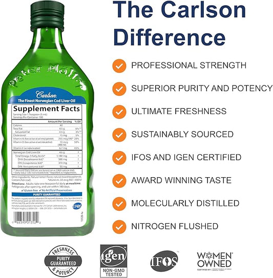 Carlson - Cod Liver Oil, 1100 Omega-3s, Wild-Caught 500 ml (16.9 Fl