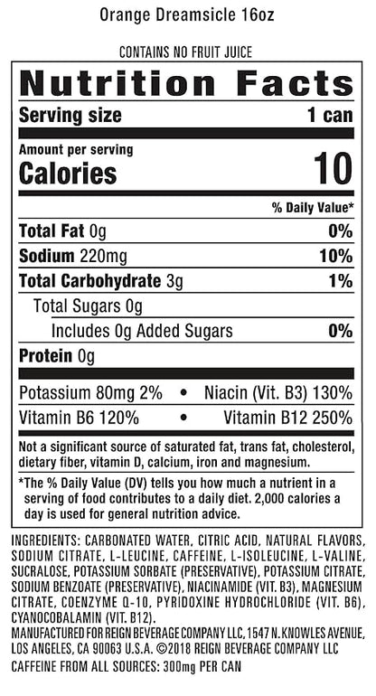 Reign Total Body Fuel, Orange Dreamsicle, Fitness & Performance Drink, 16 Fl Oz (Pack of 12)