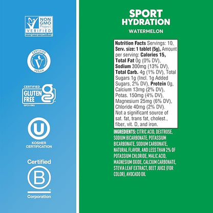Nuun Sport Electrolyte Tablets - Dissolvable in Water, Watermelon, 5 Essential Electrolytes for Hydration, 1g Sugar Drink Mix, Vegan, Non-GMO, 4 Pack (40 Total Servings)