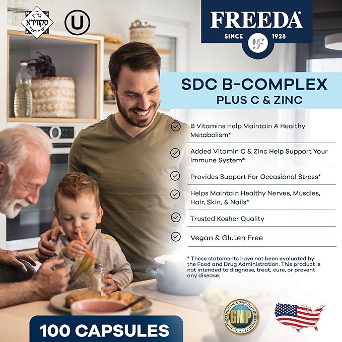 FREEDA SCD B Complex with Vitamin C & Zinc – Complete Vitamin B Complex (B1, B2, B3, B6, B12) – 100 Vegetarian Capsules, SCD Legal & Daily Health