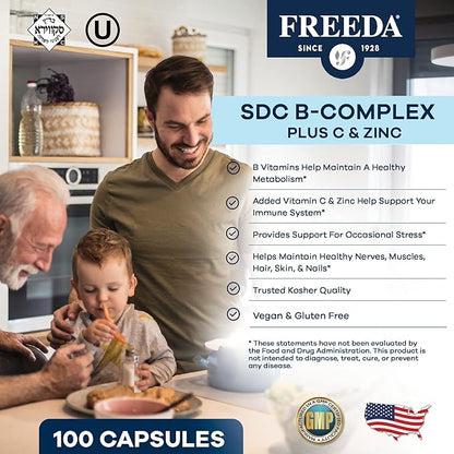 FREEDA SCD B Complex with Vitamin C & Zinc – Complete Vitamin B Complex (B1, B2, B3, B6, B12) – 100 Vegetarian Capsules, SCD Legal & Daily Health