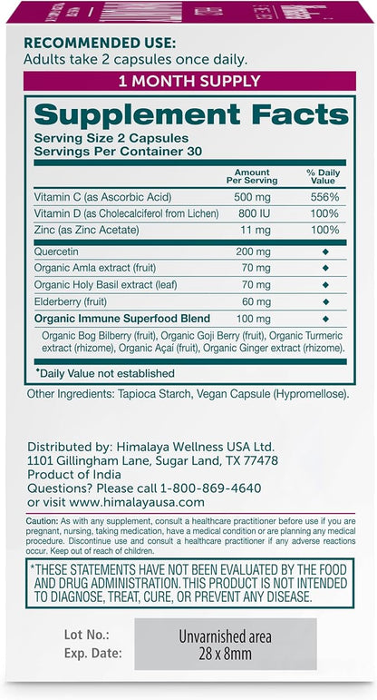 Himalaya Hello Immunity with Quercetin, Vitamin C, Vitamin D, Zinc, Amla, Elderberry & Holy Basil for Daily Immune Support, Vegan, Gluten Free, 60 Capsules, 1 Month Supply