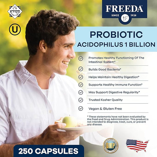 FREEDA Acidophilus Probiotic 1 Billion CFU - Lactobacillus Acidophilus Probiotics for Women & Men - Women's Probiotics for Digestive Health - Gut Health Supplements for Women & Men (100 Capsules)