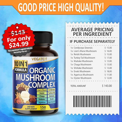 10 in 1 High Strength Mushroom Supplement 9,700MG - Lions Mane, Cordyceps, Reishi - Brain Supplements for Memory and Focus ** 5-Month Supply