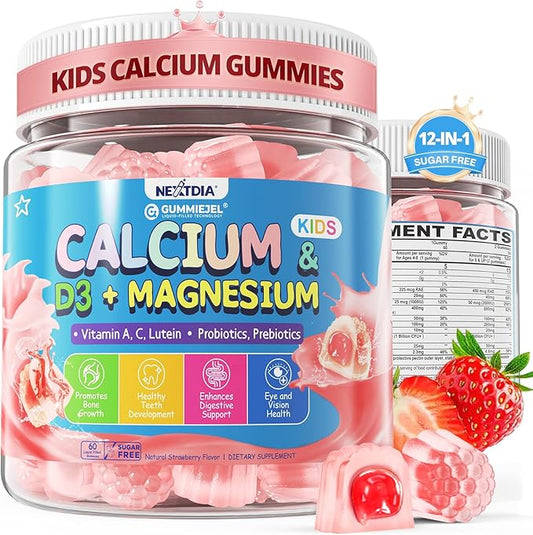 Kids Calcium Gummies + D3 & Magnesium for 4+, with Calcium Citrate Calcium Gluconate, Calcium Lactate, Probioics & Prebiotics for Children Bone Growth, Muscle Support,Digestive Health,Sugar Free 60Cts