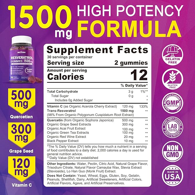 Resveratrol Gummies 1500mg - Sugar Free Resveratrol Supplement with Quercetin, Grape Seed, Acai Berries Extracts Support Antioxidant, Healthy Aging & longevity, Skin, Joint, Brain Wellness - 2Pack