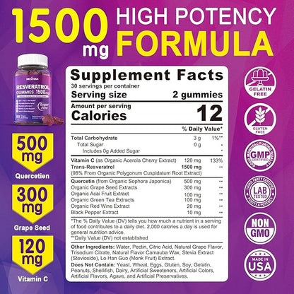 Resveratrol Gummies 1500mg - Sugar Free Resveratrol Supplement with Quercetin, Grape Seed, Acai Berries Extracts Support Antioxidant, Healthy Aging & longevity, Skin, Joint, Brain Wellness - 2Pack