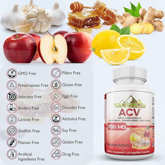 Vicksson Apple Cider Vinegar Pills 1700 mg of ACV with Garlic, Ginger, Lemon & Honey for Weight, Detox, Cleanse, Appetite, Bloating, Metabolism & Immune Support | 120 Capsules