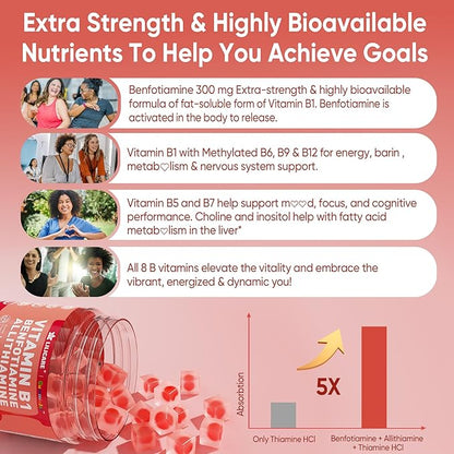 Vitamin B1 Gummies, Benfotiamine 300mg Allithiamine 50mg Thiamine 100mg +8 Vitamin B Complex,Inositol for Women Men, Includes Niacin, L-methylfolate, Methyl B12 for Nerve Energy Overall Health, 60Cts