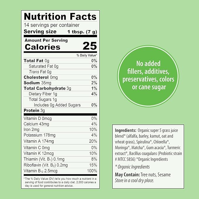 Organic Traditions Super Greens Powder Superfood with Turmeric, Organic Greens Superfood Powder, 100g/3.5oz Bag