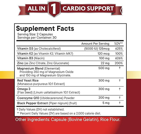 NEW AGE COQ10 200mg Red Yeast Rice Omega 3-6-9 Magnesium Complex Zinc Vitamin K2 D3 - Heart Health Support Vitamins for Women and Men with Vitamin B3, Coenzyme Q10-180 Count