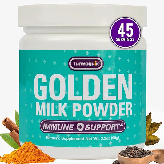 Turmaquik Organic Golden Milk Turmeric Powder, Immune Support + Superfood Blend of Ginger, Black Pepper, Curcumin, Cinnamon, Cardamom + Vitamins C, D, B6, B12, Zinc (3.2 Ounce)
