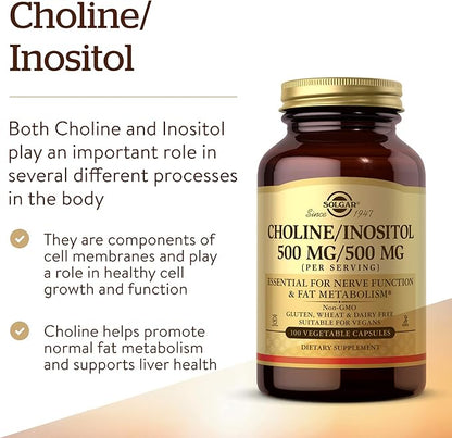 SOLGAR Choline/Inositol 500 mg/500 mg - 100 Vegetable Capsules, Pack of 2 - Non-GMO, Vegan, Kosher, Gluten Free, Dairy Free - 100 Total Servings