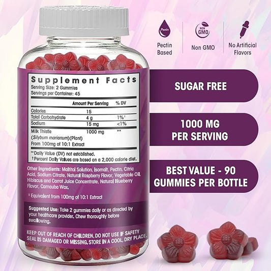 Milk Thistle Gummies- Naturally Flavored, Sugar-Free 1000mg Extract 90 Count