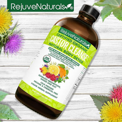 RejuveNaturals Castor Cleanse™ - USDA Organic Castor Oil, Chlorella, Spirulina, Roots & Greens for Wellness, Digestive Support, Daily Balance. 3-Month Supply Gut Cleanse Detox for Women & Men - 16oz.