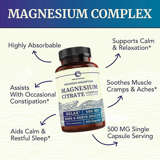 Magnesium Citrate 500 MG (120ct) for Calm, Relaxation, Constipation & Digestion Support | High Absorption Magnesium Supplement with Elemental Mag Oxide | Gluten-Free, Soy-Free | 4-Month Supply