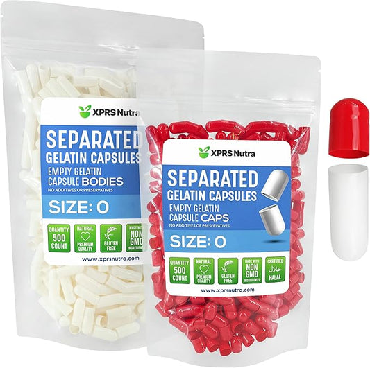 XPRS Nutra Gelatin Size 0 Separated Capsules - 500 Count Empty Capsules Separated in Bags - Size 0 Gelatin Capsules - Empty Gelatin Capsules for DIY Supplement Filling (Red/White)