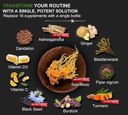 16-in-1 Organic Sea Moss 17500mg Ashwagandha 5000mg Black 4000mg Turmeric 5000mg Bladderwrack D3 with