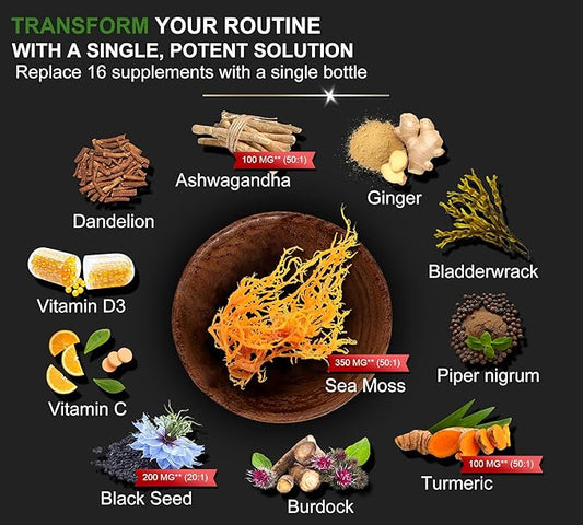 16-in-1 Organic Sea Moss 17500mg Ashwagandha 5000mg Black 4000mg Turmeric 5000mg Bladderwrack D3 with