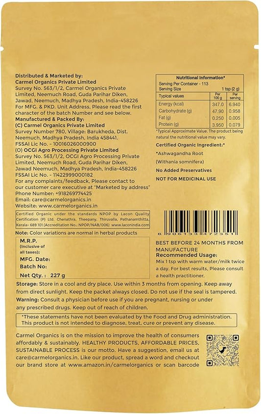 CARMEL ORGANICS Organic Ashwagandha Root Powder (8 Oz 227g/0.5 Lbs)
