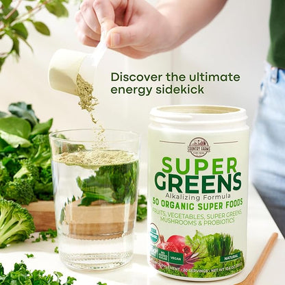 COUNTRY FARMS Super Greens Natural Flavor, 50 Organic 20 Servings, 10.6 Oz