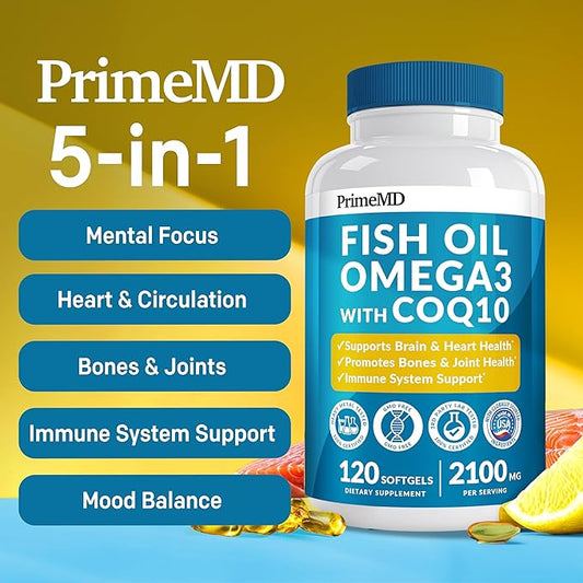 5-in-1 Fish Oil Omega 3 Supplements (2100mg) 3 Fish D3 & K2 and CoQ10 - 3 Supplement 3 Fatty (120 softgels)