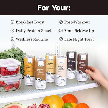 Slate Milk - High Protein Milk Shake - French Vanilla - Lactose Free, 20g Protein, 1g Sugar, 100 Calories, 1g Net Carbs, No Added Sugar - Natural, Breakfast Boost, Post Workout - 11 fl oz, 24 Cans